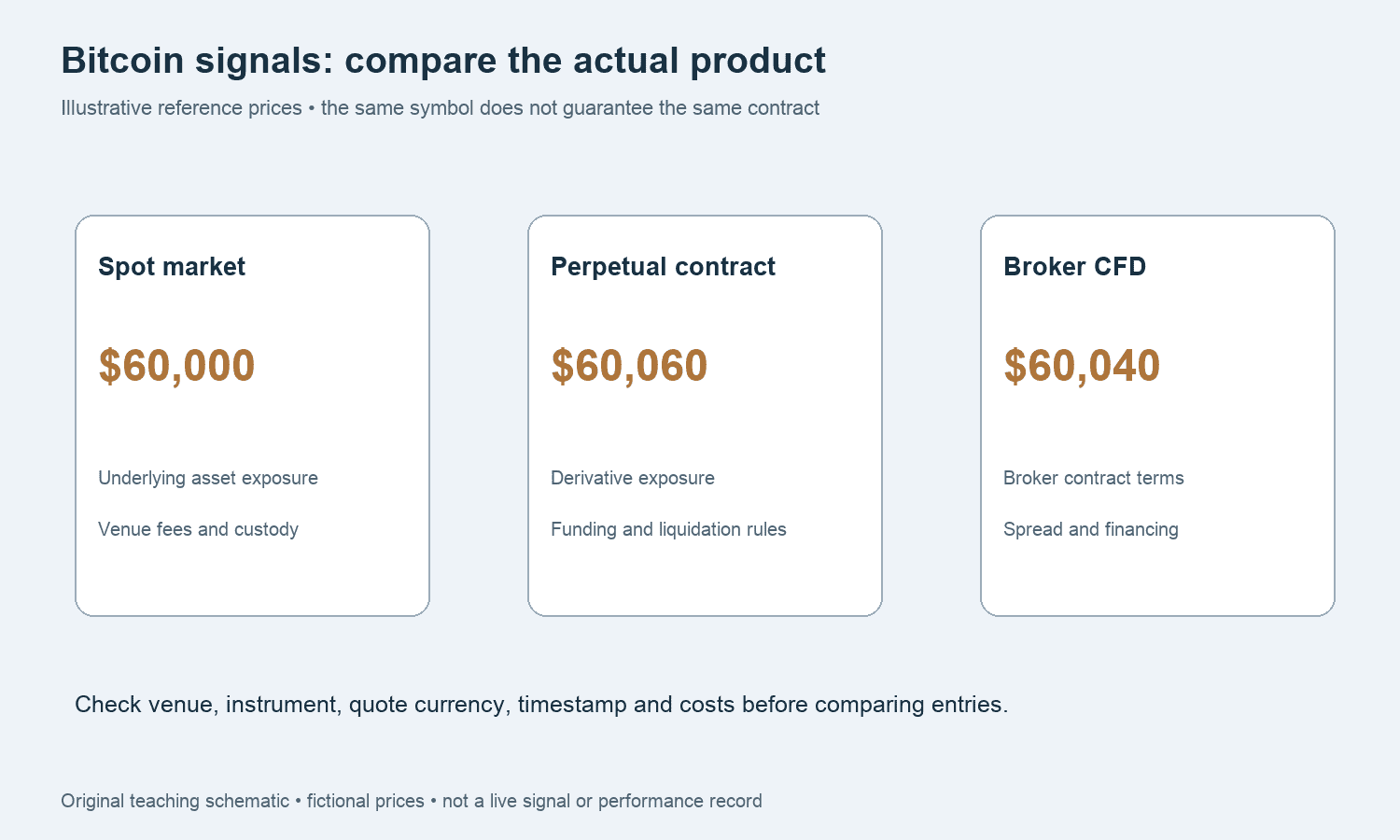 Bitcoin signals guide comparing fictional spot, perpetual and broker CFD quotes