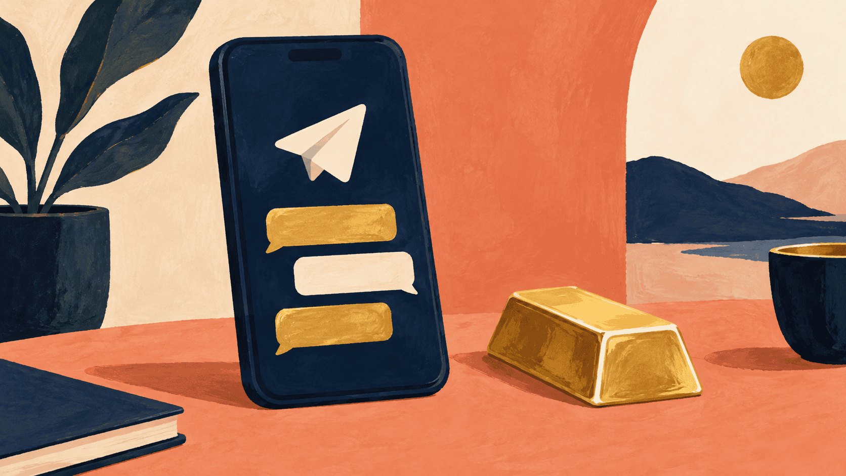 XAUUSD signals editorial illustration with a phone, message bubbles and a gold bar