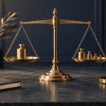 Gold lot size calculator concept showing a brass balance and measured weights on a dark background