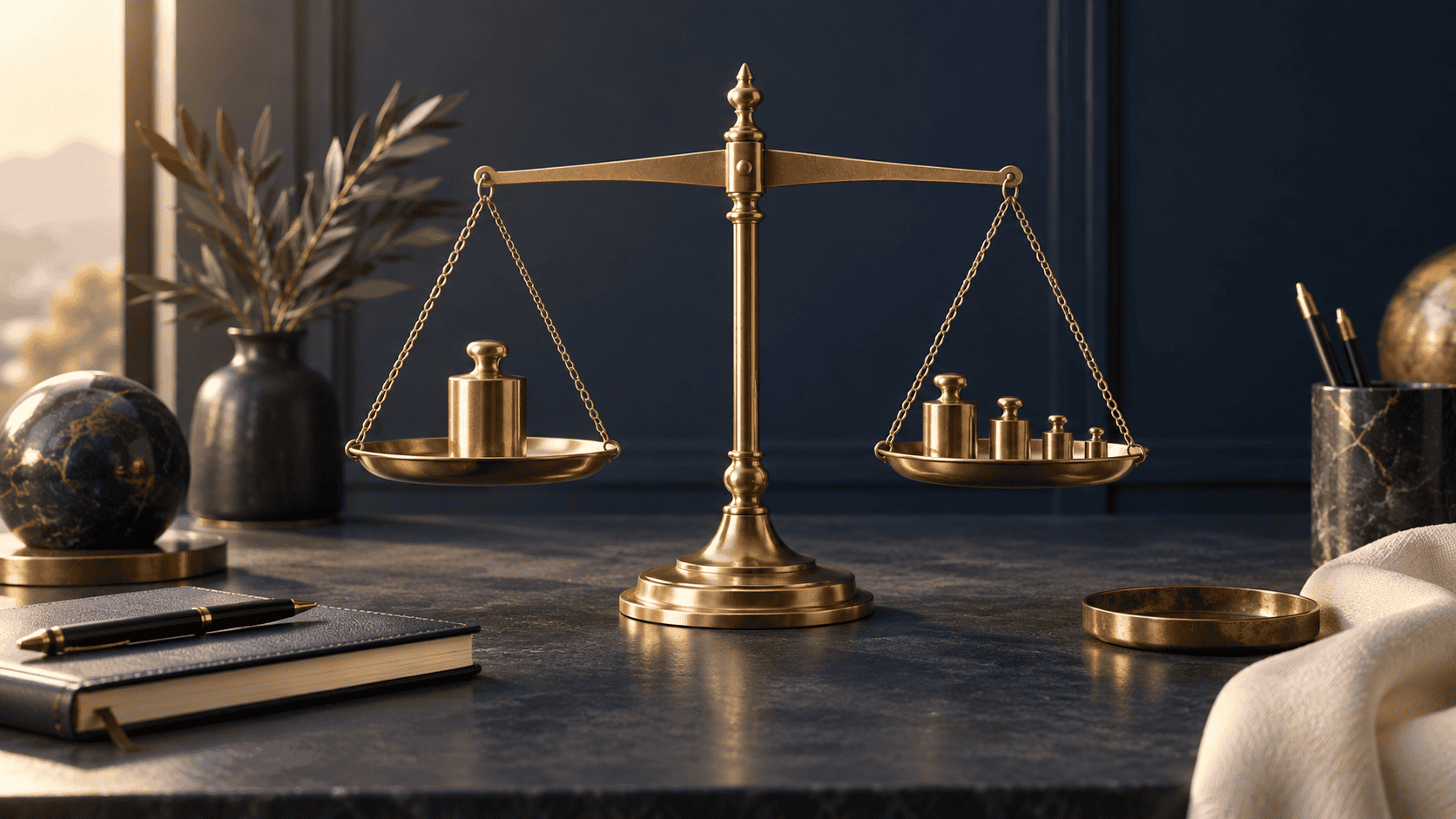 Gold lot size calculator concept showing a brass balance and measured weights on a dark background
