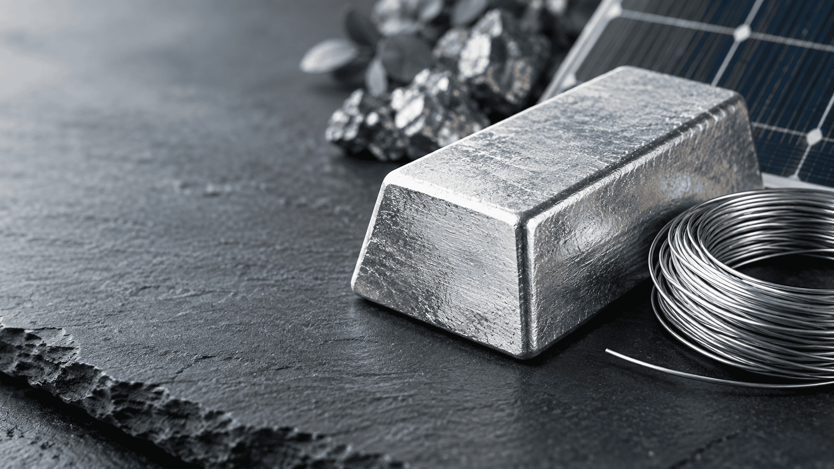 Silver price prediction illustration showing silver bullion, industrial wire and a solar cell