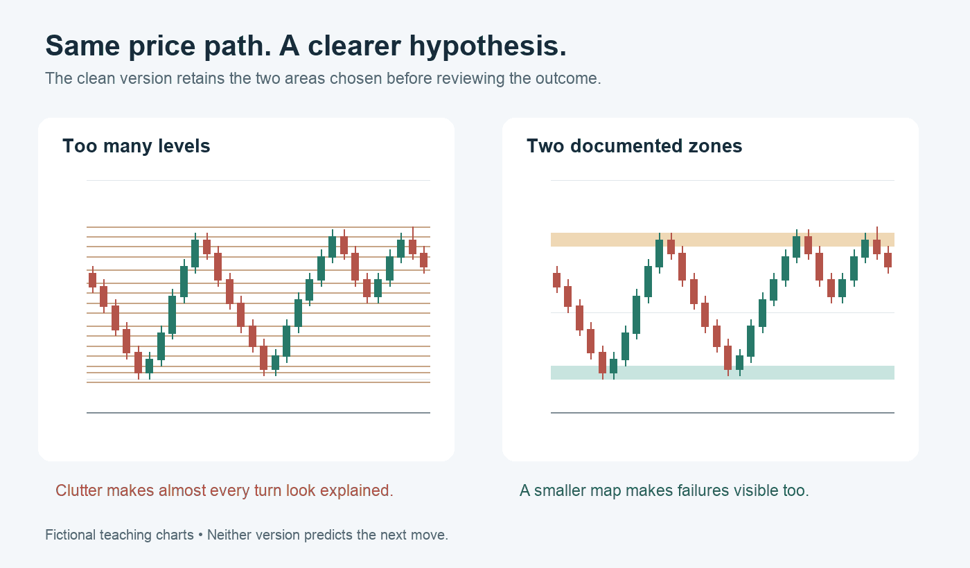 A crowded gold chart compared with the same chart simplified to two decision zones