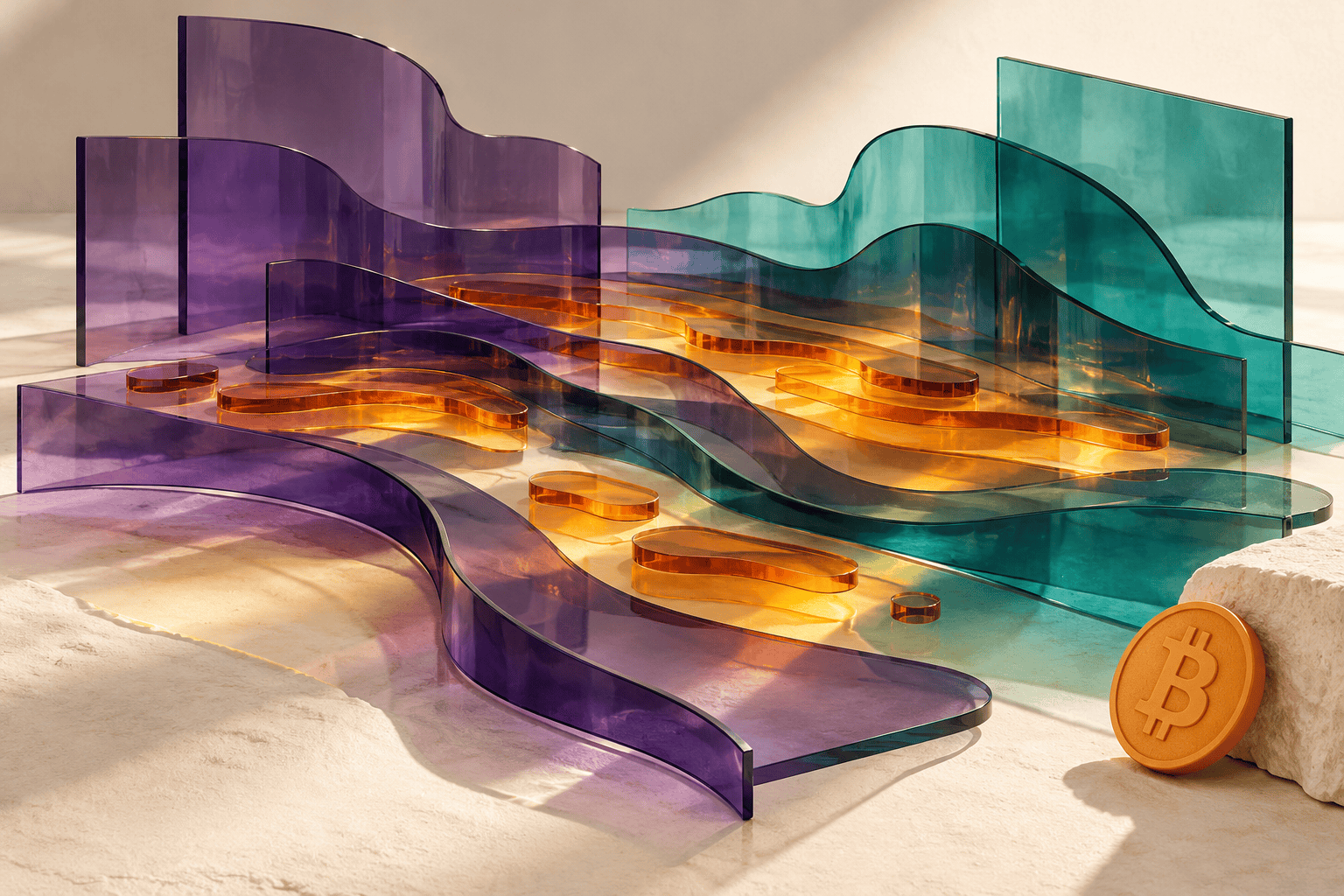Bitcoin liquidation heatmap concept with layered coloured acrylic and a Bitcoin token