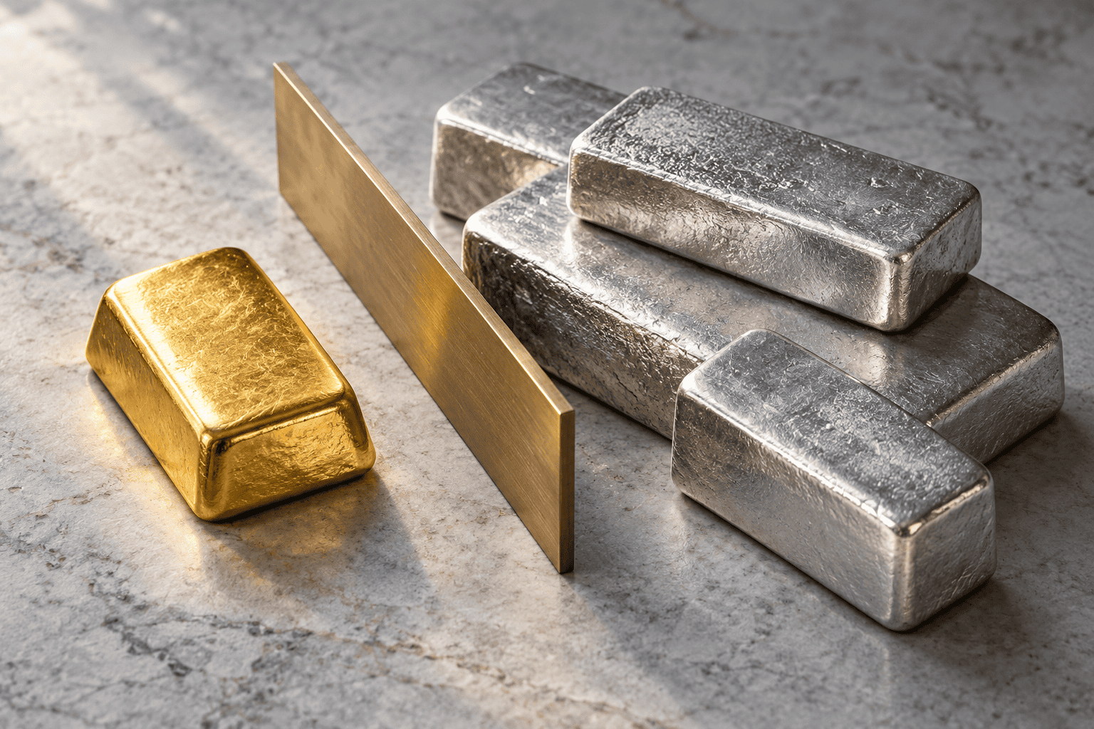 Gold silver ratio concept with gold and silver bullion placed side by side