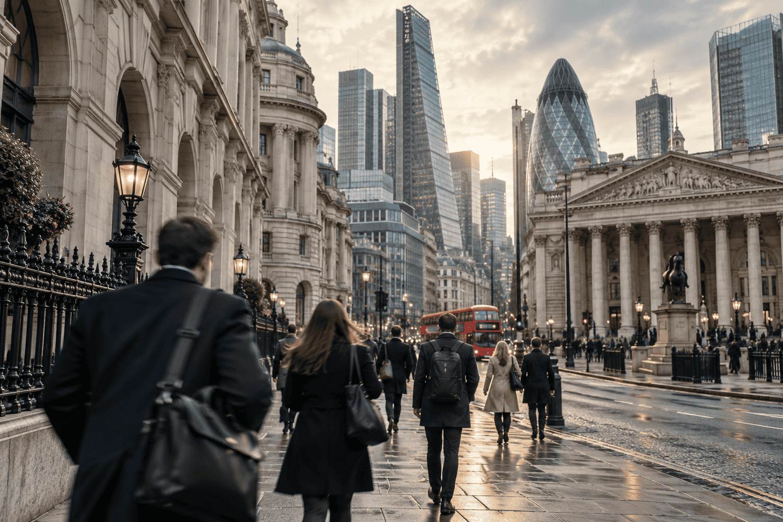London breakout strategy editorial scene of commuters in the financial district